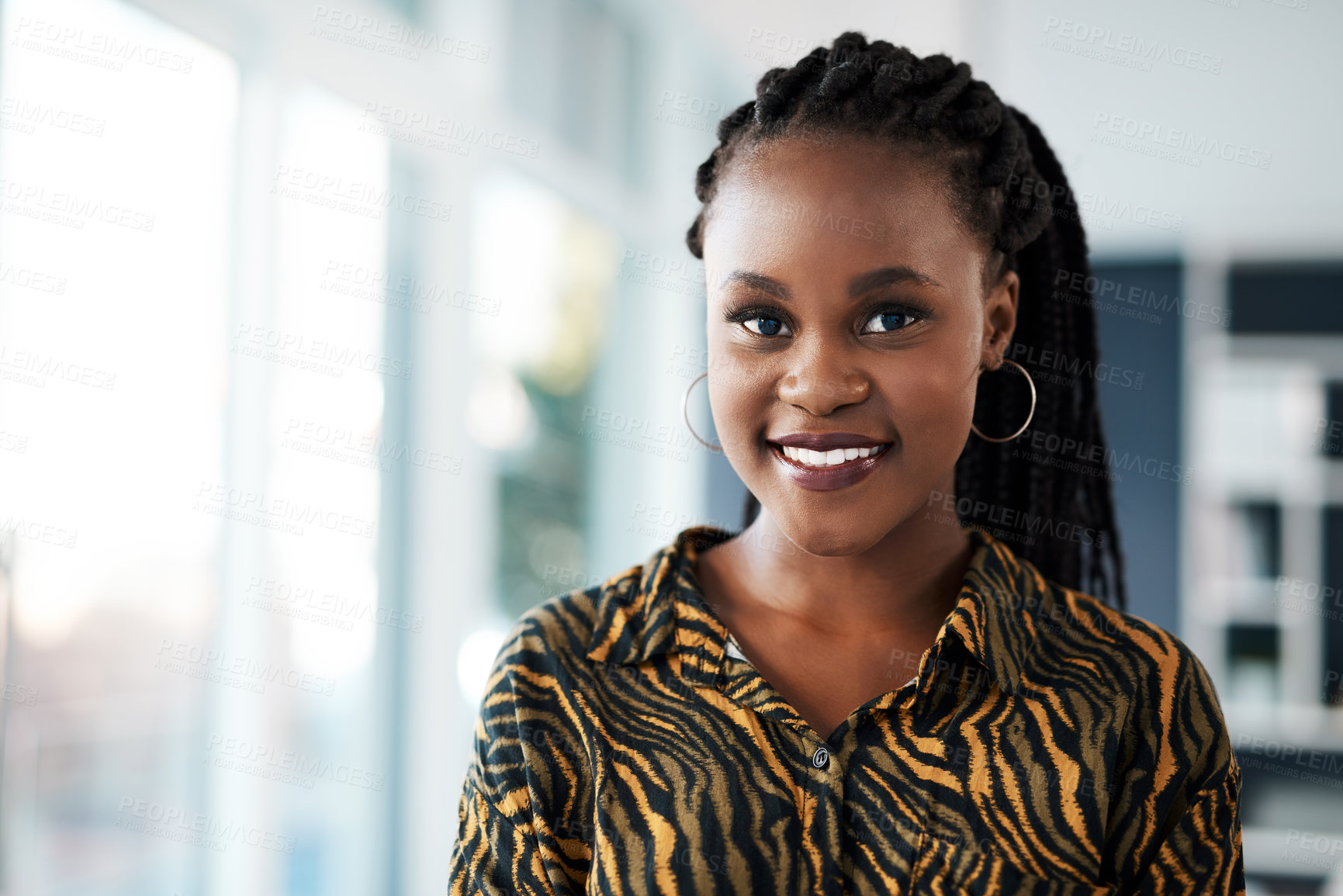 Buy stock photo Black woman, confident and portrait of happy designer with smile in startup and creative company. Face, job skills or proud young African employee in internship at interior design agency in Kenya