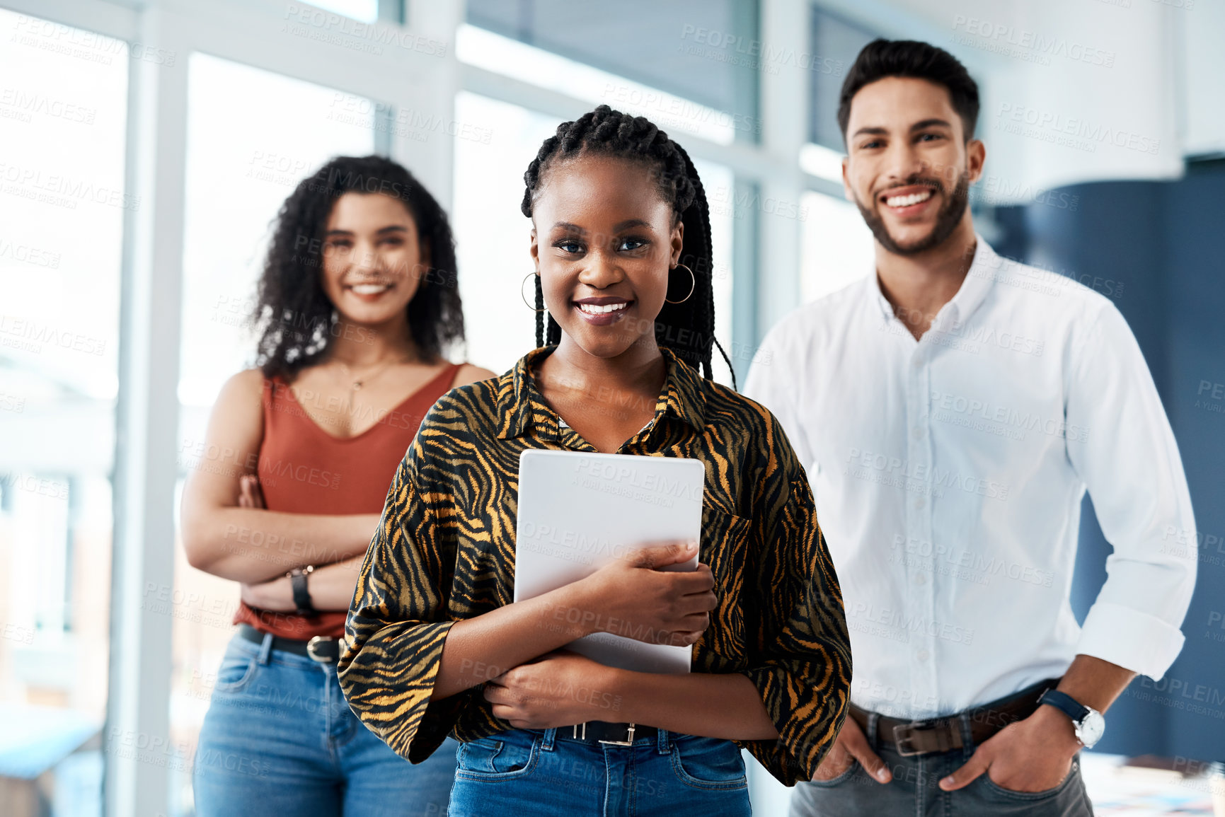 Buy stock photo Tablet, happy and portrait of business people in office for research project, website and planning. Creative company, professional and men and women for teamwork, collaboration and partnership