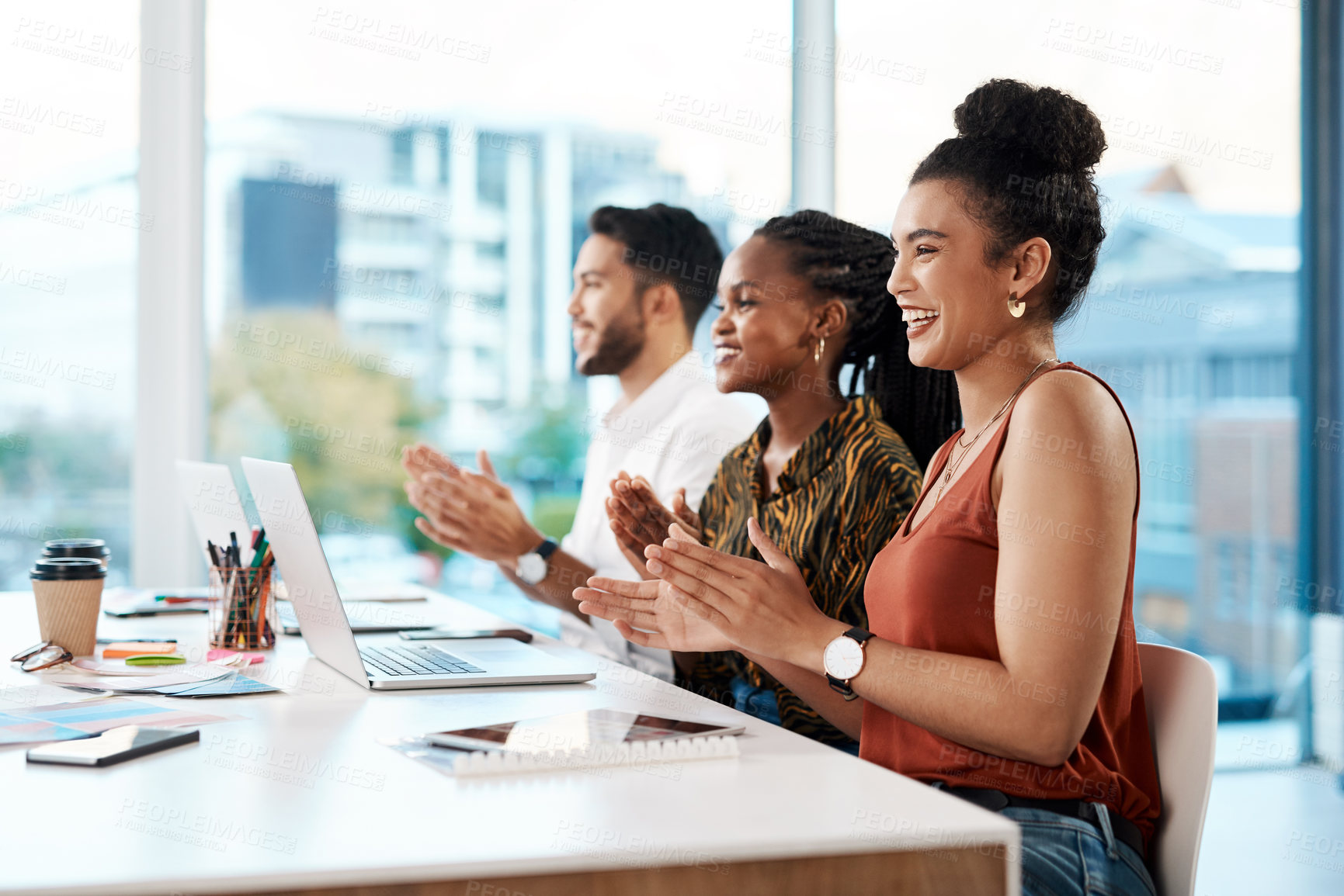 Buy stock photo Creative, workshop and business people with laptop, applause and project success at digital agency. Achievement, praise and team building meeting with design, diversity and solidarity at tech startup