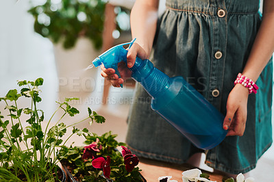 Buy stock photo Cropped shot of an unrecognizable young girl watering some plants at home