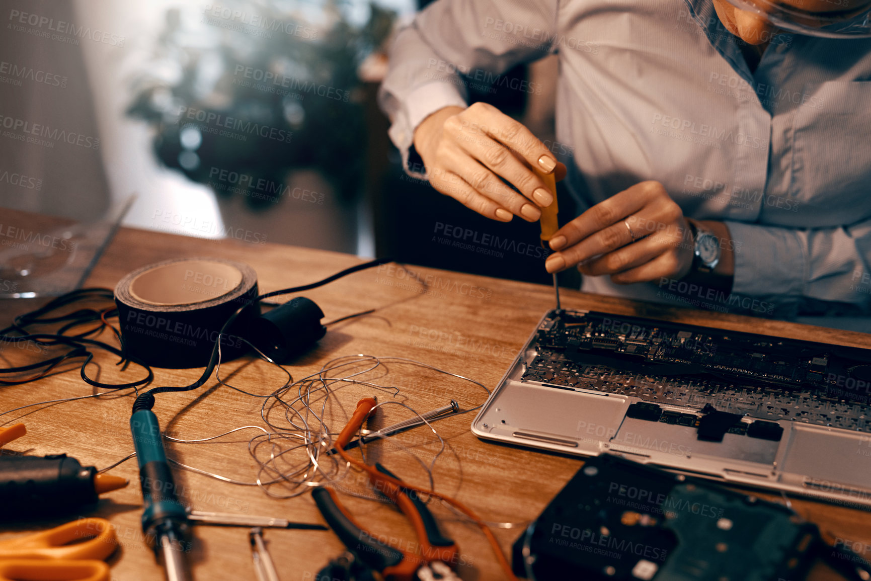 Buy stock photo Woman, hands and engineer with motherboard for repair, system restoration and technician for tech diagnostics. Female pc programmer, equipment and hard drive in home for IT support and data recovery.