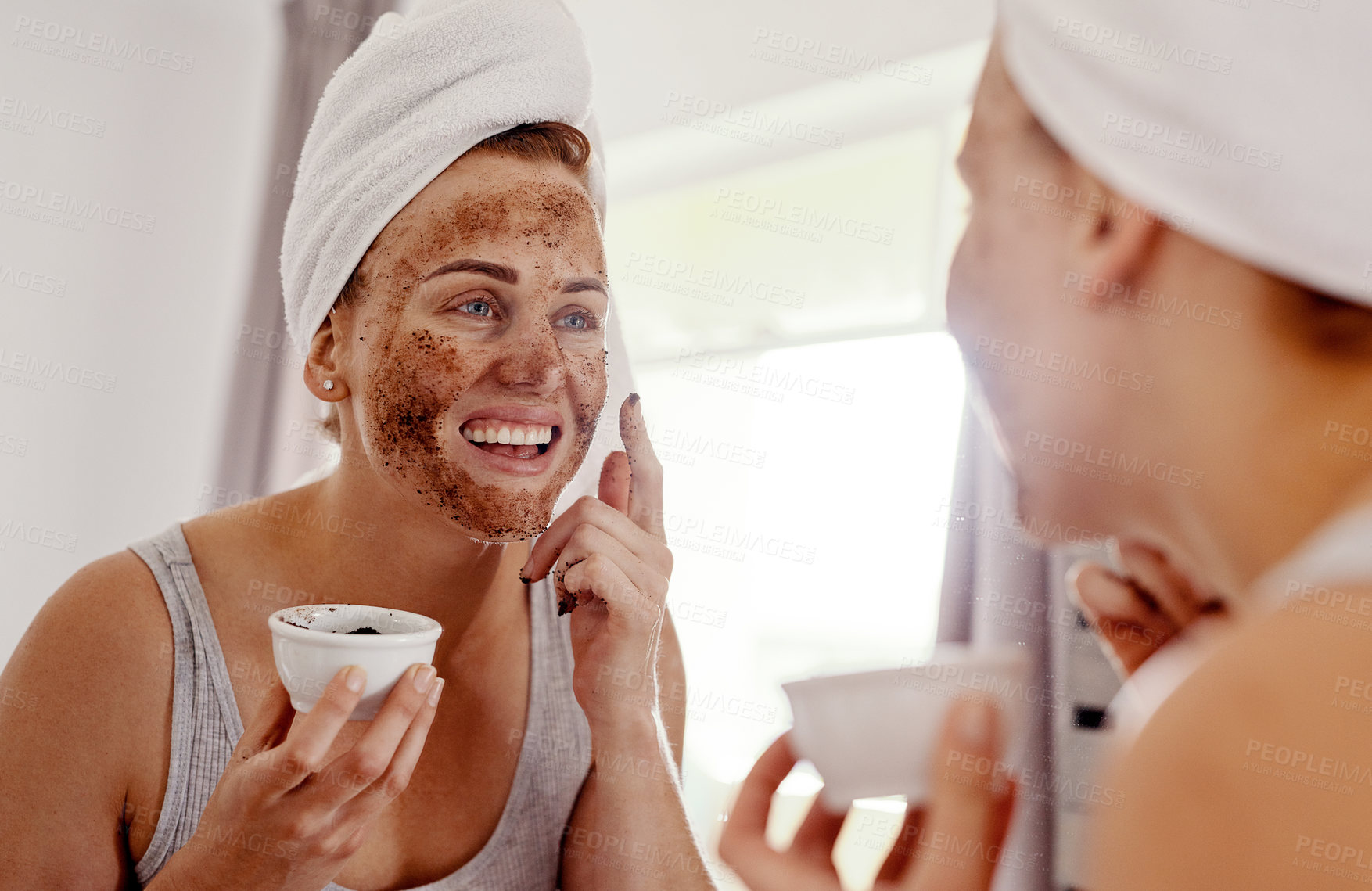 Buy stock photo Antiaging, beauty and facial with woman in bathroom of home for morning or daily skincare routine. Detox, mask and smile with happy person in apartment to apply mud for cosmetics or dermatology