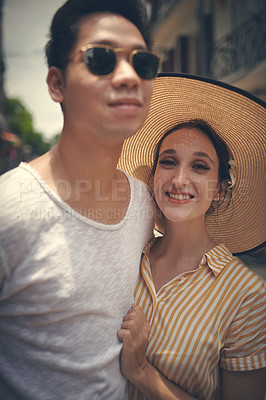 Buy stock photo Portrait, embrace and couple in city for travel holiday, relax and outdoor bonding together on romantic date. Love, man and woman hug in street with smile, adventure walk or happy vacation in Vietnam