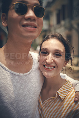 Buy stock photo Portrait, hug and happy couple in city for travel holiday, relax and outdoor bonding together on romantic date. Love, man and woman embrace in street with smile, adventure walk or vacation in Vietnam