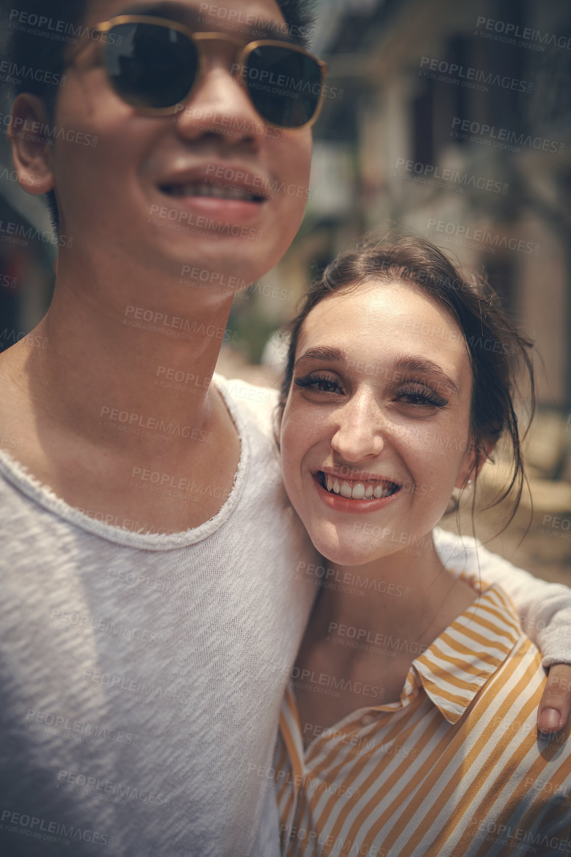 Buy stock photo Portrait, hug and happy couple in city for travel holiday, relax and outdoor bonding together on romantic date. Love, man and woman embrace in street with smile, adventure walk or vacation in Vietnam