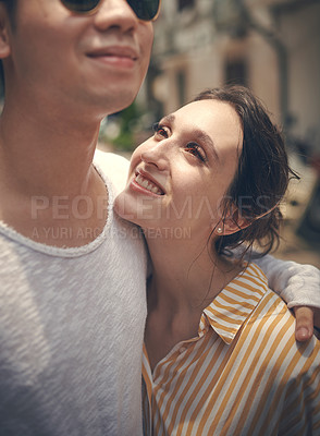 Buy stock photo Smile, embrace and couple in city for travel holiday, relax and outdoor bonding together on romantic date. Love, man and woman hug in street with adventure, walking and happy vacation in Vietnam