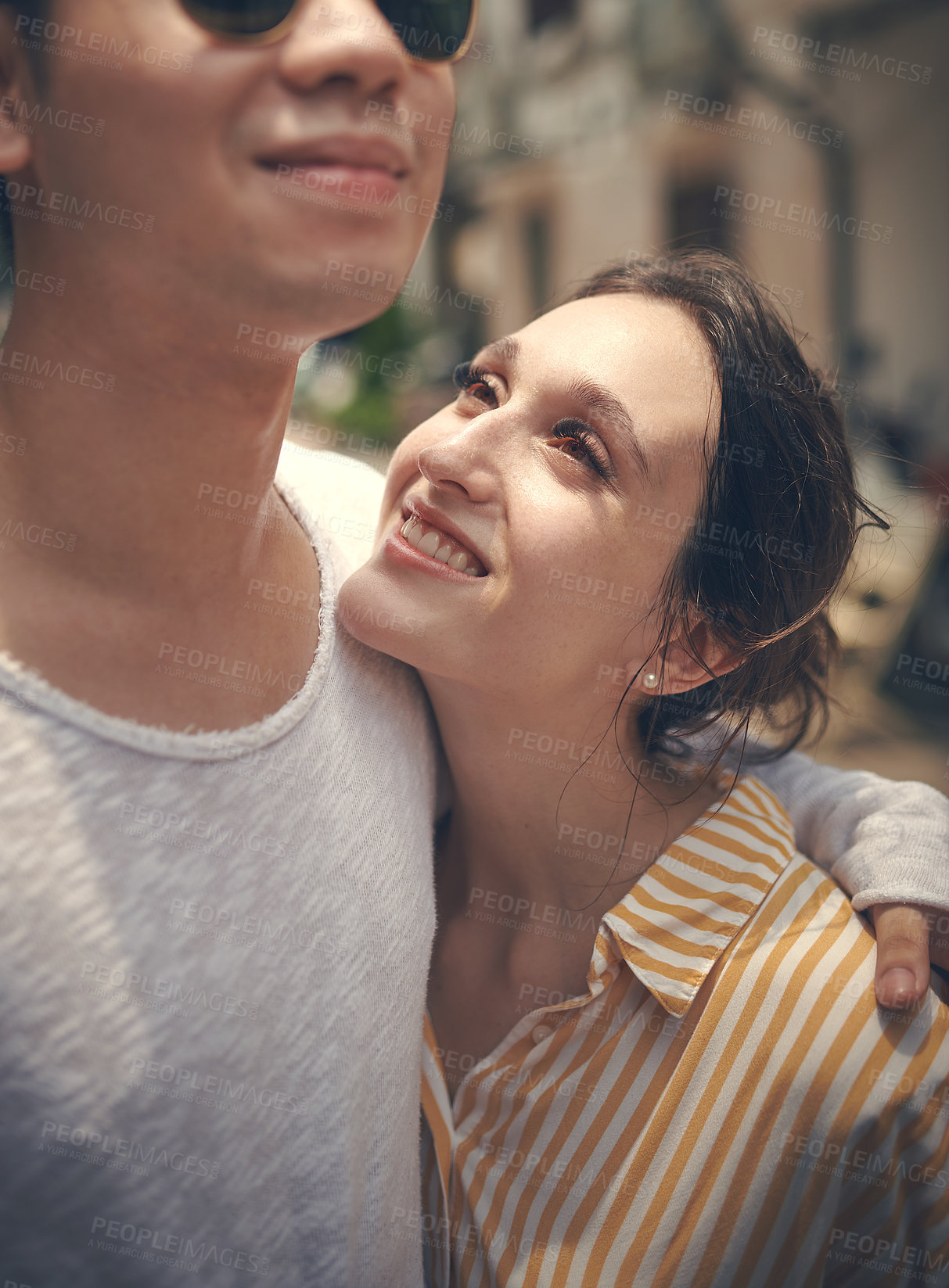 Buy stock photo Smile, embrace and couple in city for travel holiday, relax and outdoor bonding together on romantic date. Love, man and woman hug in street with adventure, walking and happy vacation in Vietnam