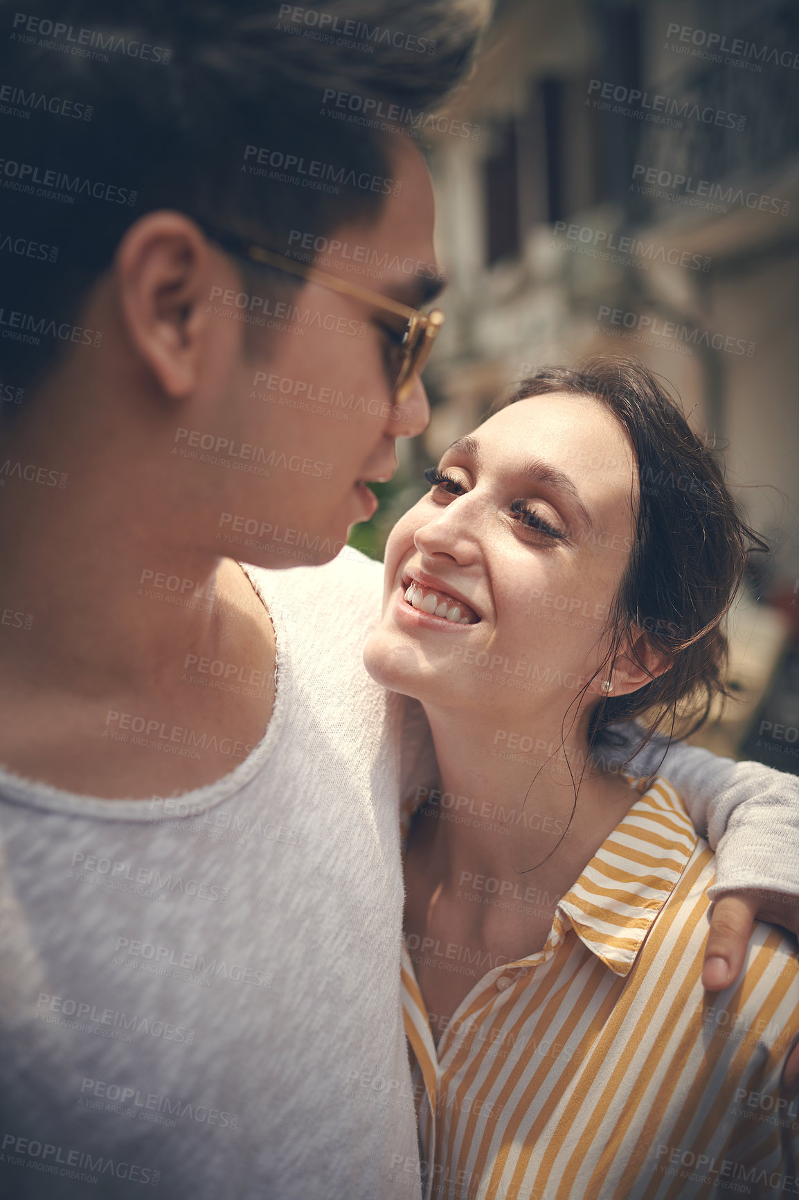 Buy stock photo Smile, hug and couple in city for travel holiday, relax and outdoor bonding together on romantic date. Love, man and woman embrace in street with walking, adventure and happy vacation in Vietnam