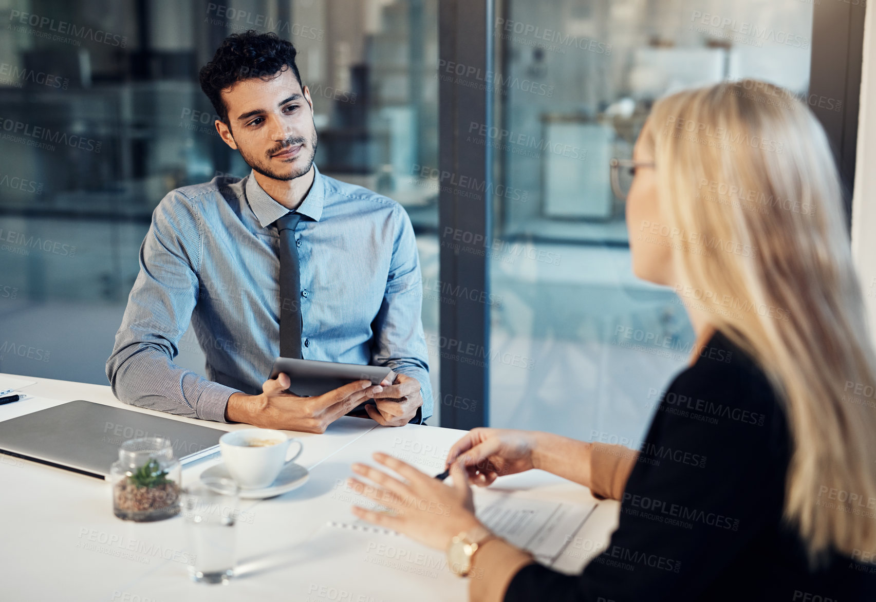 Buy stock photo Interview, discussion and business people in office for hiring process for corporate job. Meeting, recruitment and hr manager with onboarding candidate for career opportunity with company review.