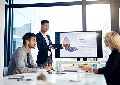 Buy stock photo Presentation, meeting and training with a business man talking to his team in the office boardroom. Finance, workshop and education with an asian coach teaching staff using a graph display at work
