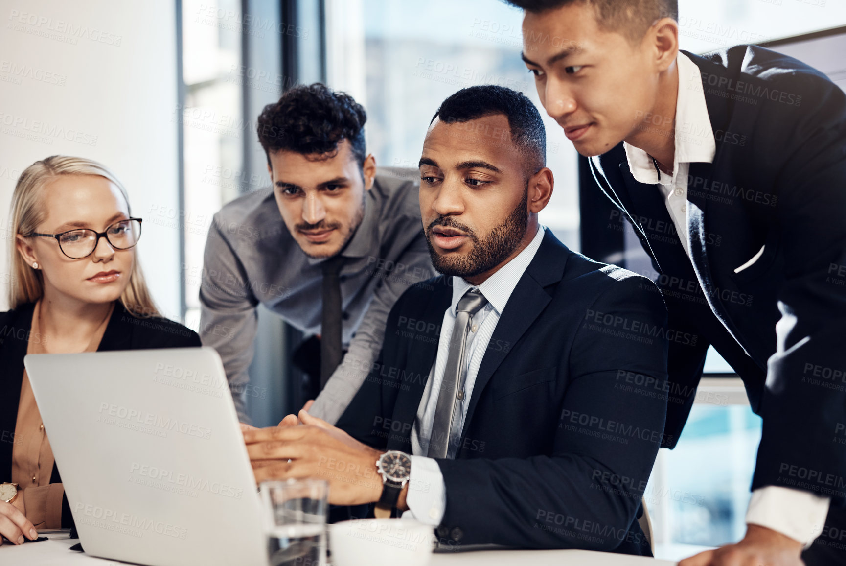 Buy stock photo Employees, people and laptop in office with reviews on project proposal and ideas. Diversity, business meeting and explain at boardroom for teamwork or collaboration with report and feedback