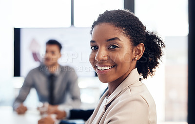 Buy stock photo Boardroom, portrait and businesswoman in meeting, corporate training and workshop for project feedback. Office, coworker or female consultant with smile for networking, professional growth and pride