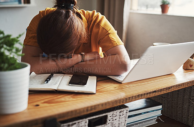 Buy stock photo Cropped shot of an unrecognizable businesswoman sitting and sleeping in her home office during the day