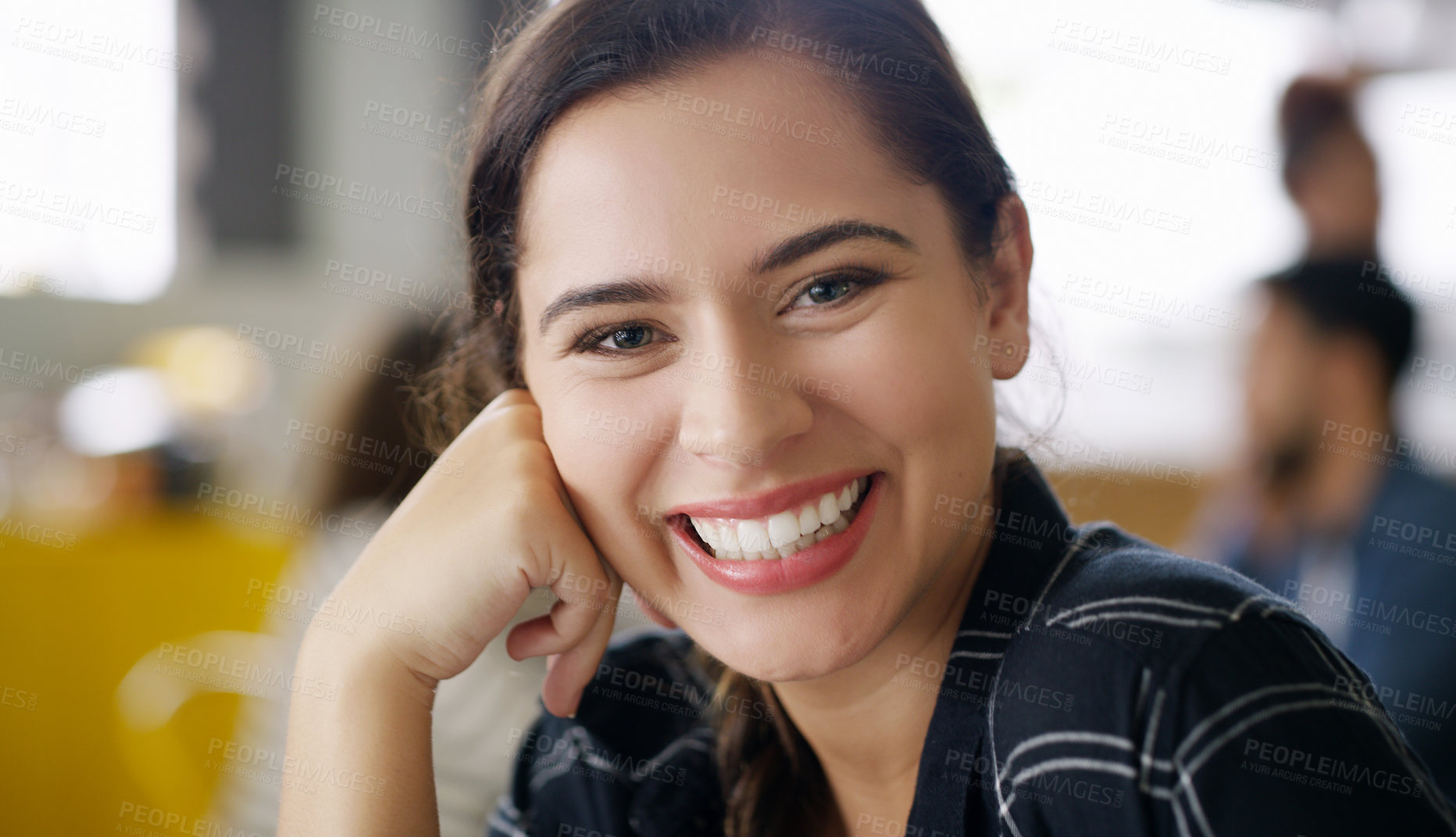 Buy stock photo Portrait of an attractive young woman sitting in a cafe