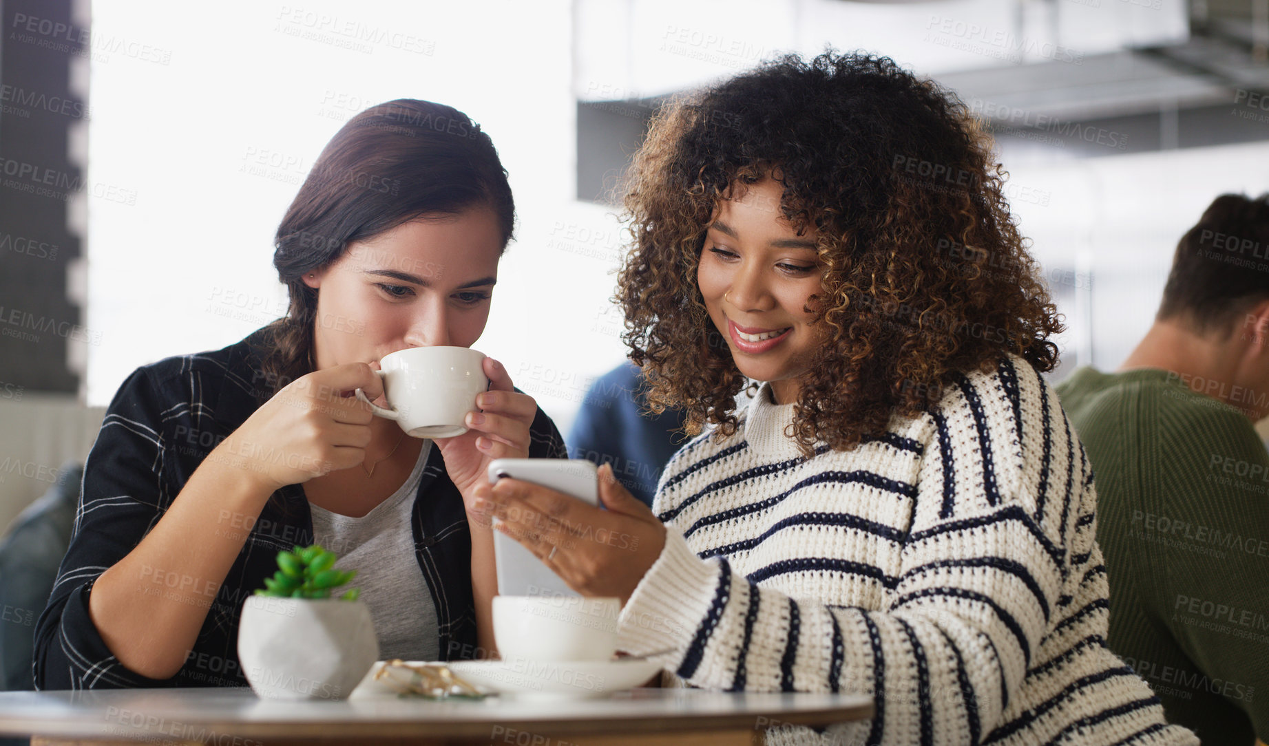 Buy stock photo Shot of two young women looking at something on a cellphone in a cafe