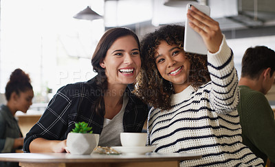 Buy stock photo Shot of two young women taking selfies together in a cafe