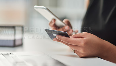 Buy stock photo Hands, typing and smartphone with credit card for ecommerce, online shopping and banking. Person, fintech or technology for purchase, business and cashless transaction on digital app for finance