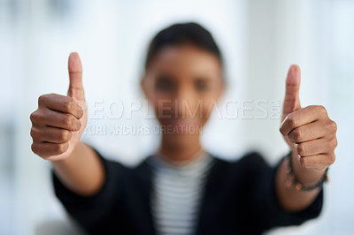 Buy stock photo Hands, thumbs up and agreement with support or success, pride or praise with like emoji for motivation. Person, feedback or review with approval gesture, subscribe or certified with voting for yes