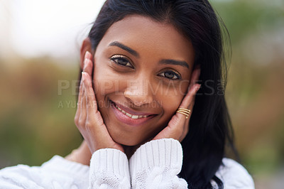 Buy stock photo Portrait, smile and Indian girl in park, cute and nature of outdoor, city and relax in weekend. Fashion, eco friendly and confidence for sun, happiness and bokeh in background, student and person