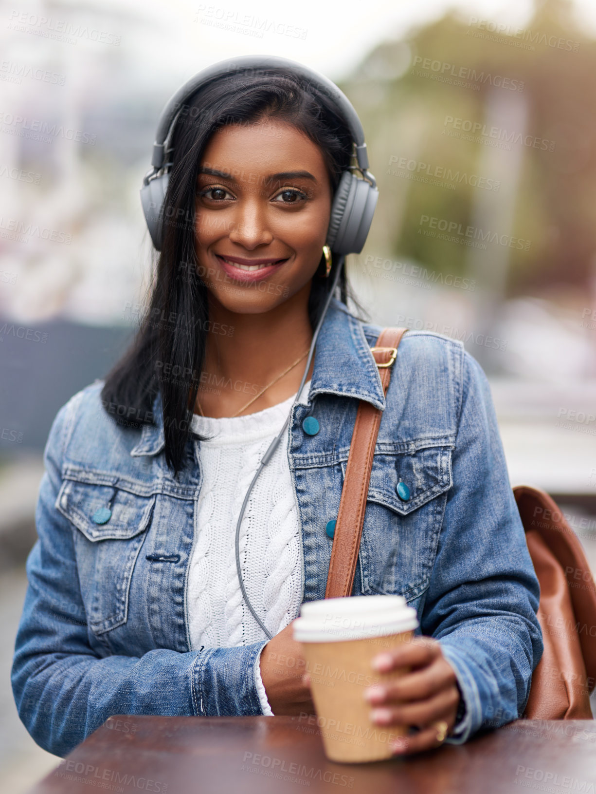 Buy stock photo Portrait, headphones or Indian woman in cafe for college,  knowledge or development for future growth. University, education or happy student with smile or coffee for studying or learning in city