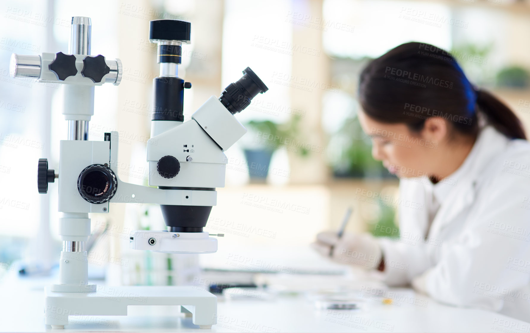 Buy stock photo Science, microscope and instrument in lab with research for sample analysis, medical experiment or DNA test. Scientist, woman or closeup of tech equipment for gene editing or healthcare breakthrough 