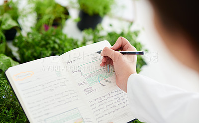 Buy stock photo Notebook, plants and hands of scientist writing research info for medical study in agriculture. Laboratory, science and professional person with notes, book and data in growth, development or biology
