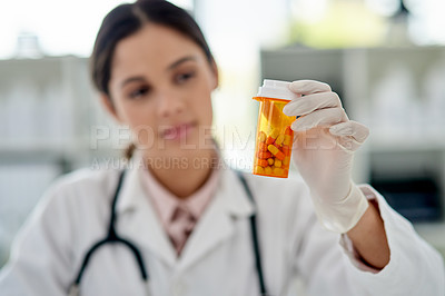 Buy stock photo Pills, healthcare and doctor with medication in clinic with treatment for diagnosis in container. Medicine, tablets and professional woman medical worker with life extension drugs in hospital office.