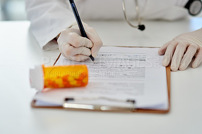 Buy stock photo Person, hands and scientist writing with pills and cure in laboratory for medical, drugs and medicine. Documents, tablets and doctor with gloves, notes and pharmacy prescription for research results
