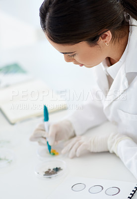Buy stock photo Research, writing and woman or scientist with pen to label petri dish for identification or analysis for tools. Person and marker in laboratory for innovation or study, experiment and breakthrough.