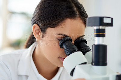 Buy stock photo Science, research and microscope for woman scientist in lab for learning, experiment and innovation. Healthcare, investigation and female person for analysis, medical and equipment for future results