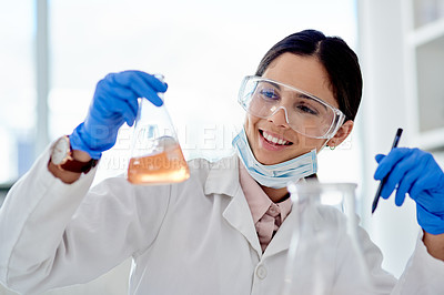 Buy stock photo Woman, scientist and happy in lab with chemical reaction in glass for research, study and scientific experiment. Biotechnology, innovation and medical tools with liquid or acid for discovery and test