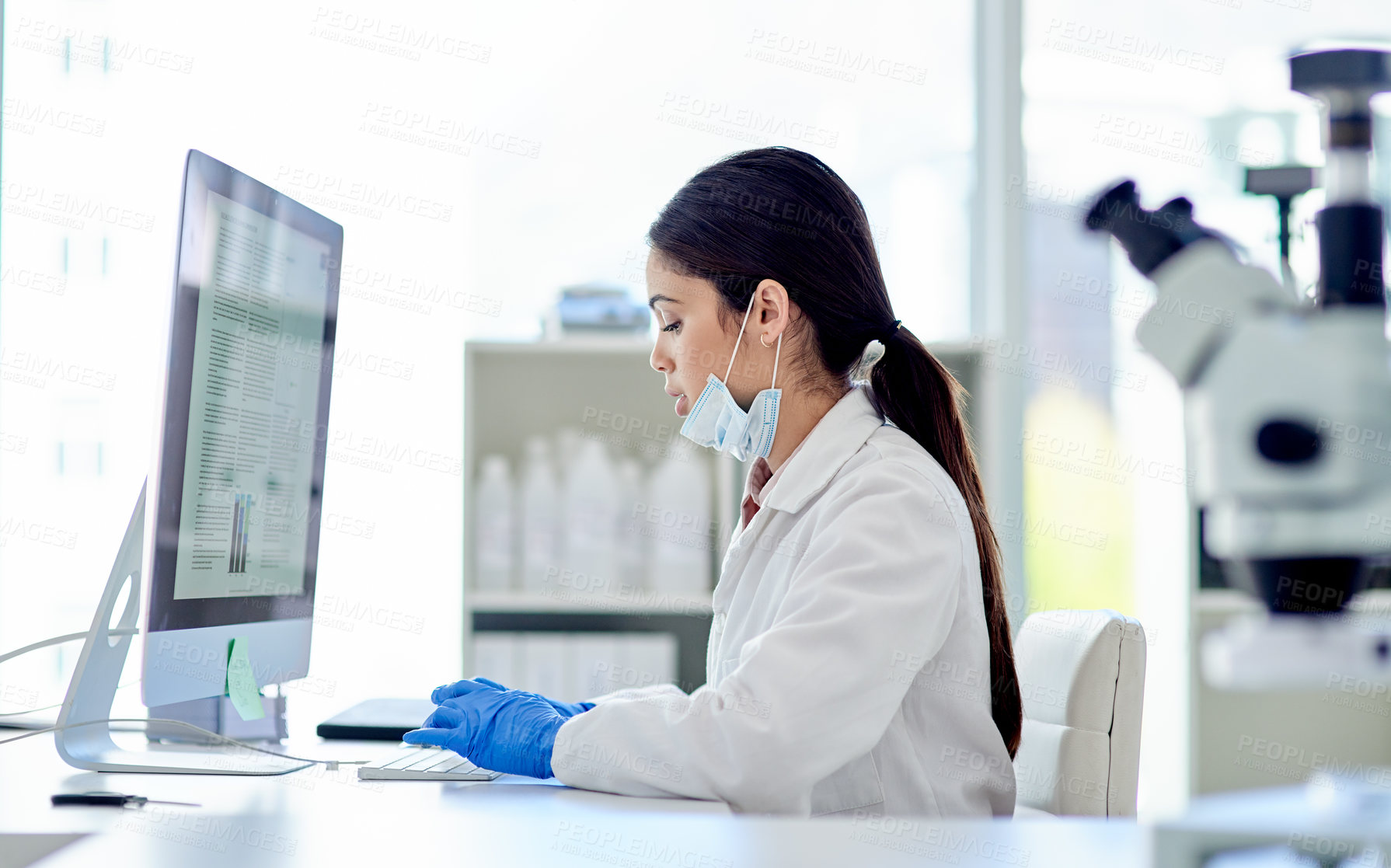 Buy stock photo Science, research and woman with computer typing medical study, online report or exam results. Website, writing and review for scientist, lab technician or notes for pharmaceutical test in laboratory