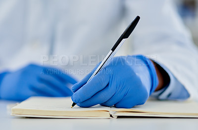 Buy stock photo Notebook, gloves and hands of scientist writing notes for pharmaceutical study, research or discovery. Person, science and researcher for futuristic medical experiment development in laboratory