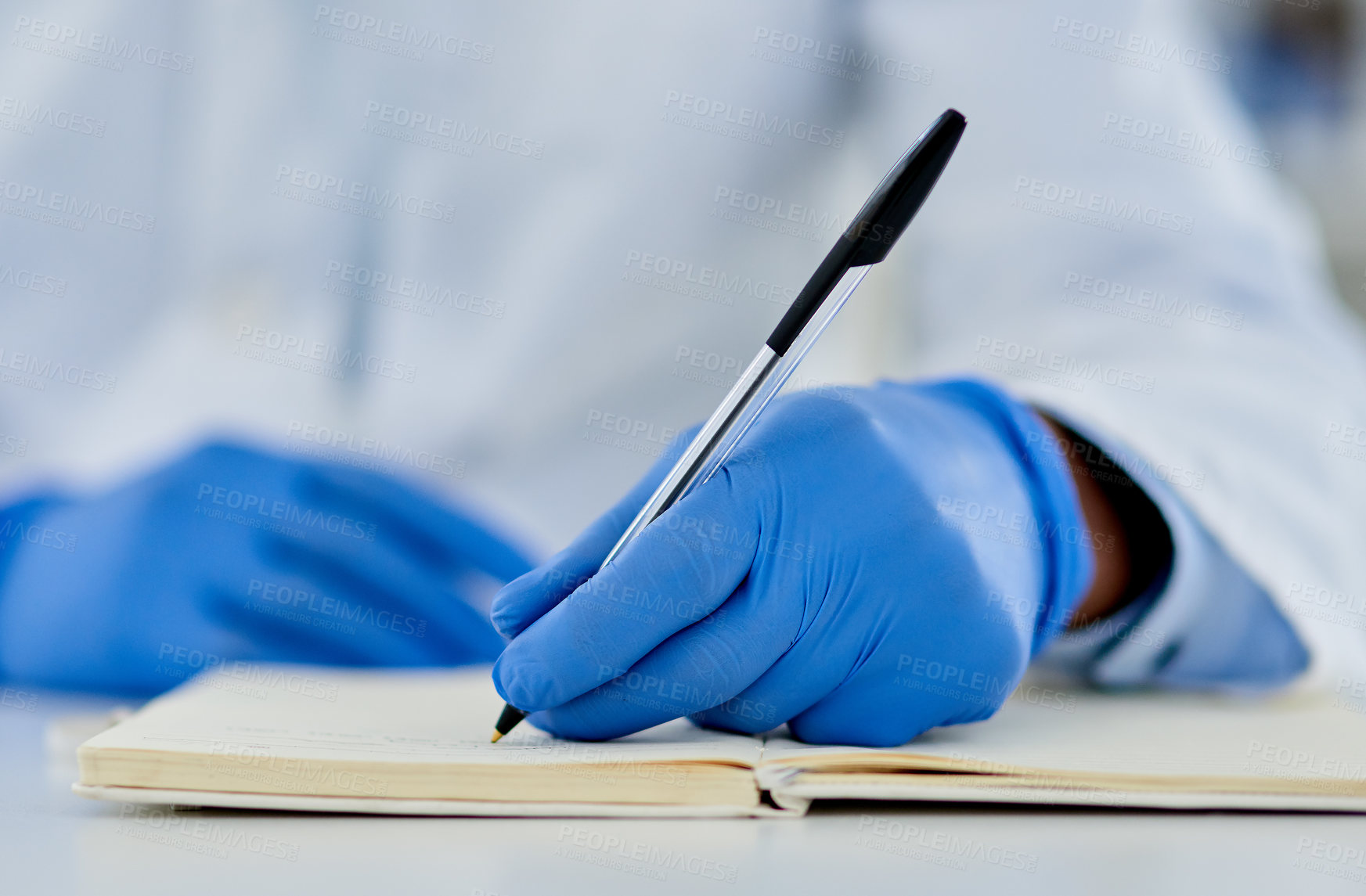 Buy stock photo Notebook, gloves and hands of scientist writing notes for pharmaceutical study, research or discovery. Person, science and researcher for futuristic medical experiment development in laboratory