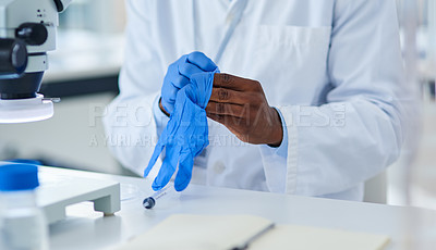 Buy stock photo Gloves, hand and book in lab and medicine, innovation and future of healthcare with science and research. Workplace, safety and expert of pharmaceutical, working and notebook for discovery of cure
