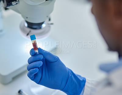 Buy stock photo Closeup, laboratory and man with vial, blood and testing with experiment and forensic with science. Person, scientist and medical researcher with healthcare and pharmaceutical with doctor and expert