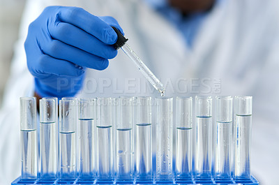 Buy stock photo Hand, test tubes and pharmaceutical development for drugs, medicine and medical research. Person, laboratory and discovery for innovation, life extension and professional biochemistry scientist
