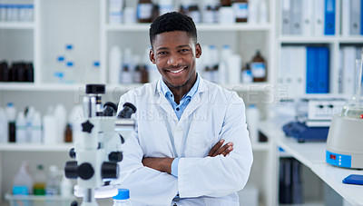 Buy stock photo Science, man and portrait in lab with arms crossed for medical research, microscopic experiment or DNA testing. Scientist, african expert and confidence for gene editing and healthcare breakthrough
