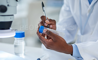 Buy stock photo Experiment, hand and sample in lab, scientist and medical of study, innovation and future for health. Person, label and science of discovery, closeup and career as pharmaceutical and research