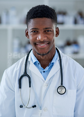 Buy stock photo Laboratory, doctor and portrait of black man with confidence, smile and healthcare research. Medical study, lab technician or happy face of scientist with professional pride in pharmaceutical science
