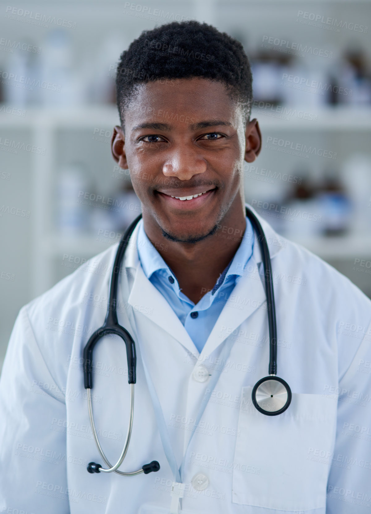 Buy stock photo Laboratory, doctor and portrait of black man with confidence, smile and healthcare research. Medical study, lab technician or happy face of scientist with professional pride in pharmaceutical science