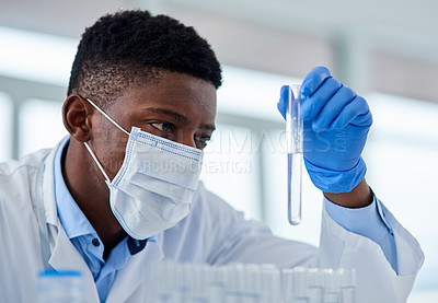 Buy stock photo Black man, scientist and mask or test tube for research, chemical liquid and vaccine in container. Gloves, doctor and person for forensic exam in lab or sample, fluid and study results for medicine