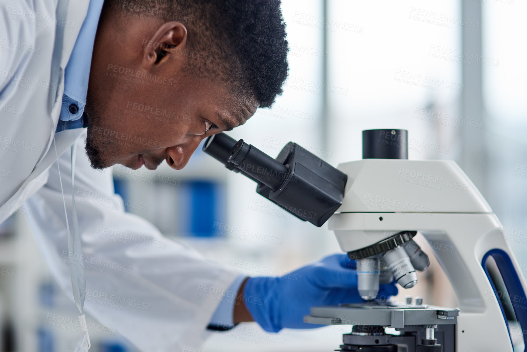 Buy stock photo Research, microscope and doctor man laboratory for medical, science or investigation, results or inspection. Bacteria, healthcare and African health expert with virus study, testing and dna analysis