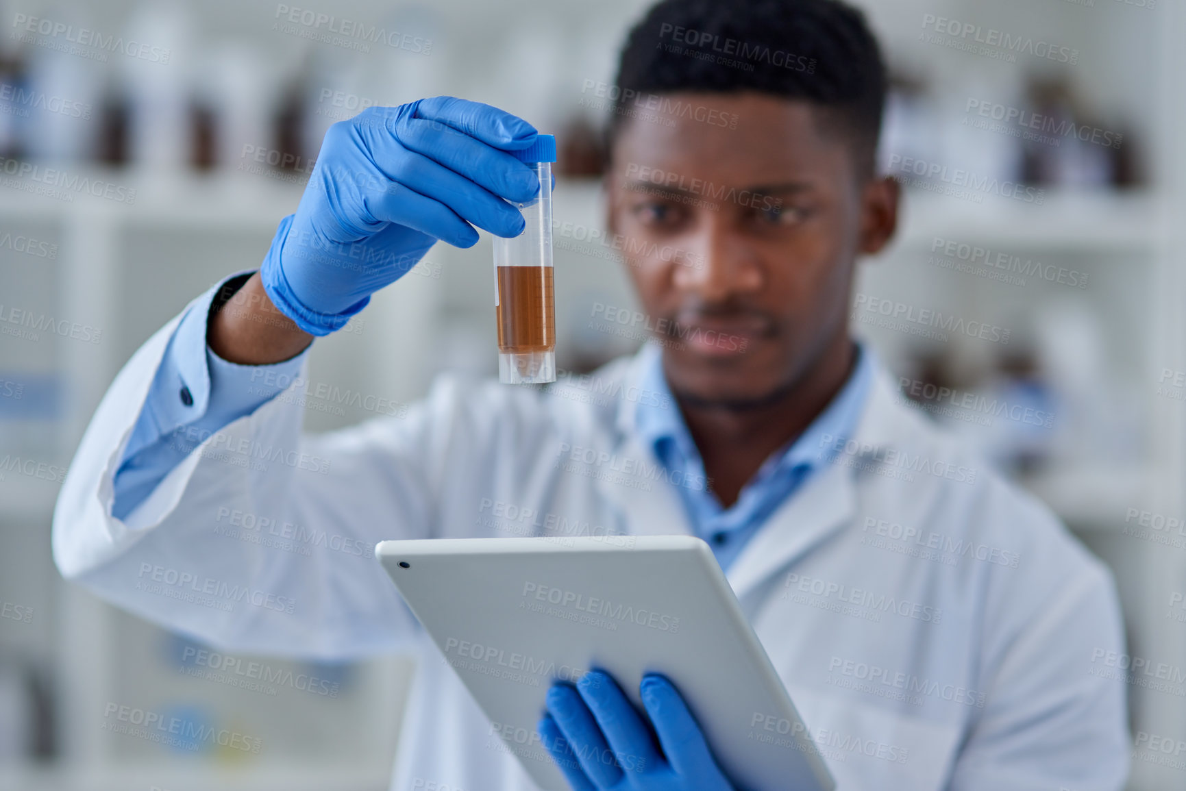 Buy stock photo Hands, scientist and liquid for test with tablet in lab for medical study, chemistry development or digital analysis. Gloves, black expert or vial for healthcare inspection or drug trial breakthrough