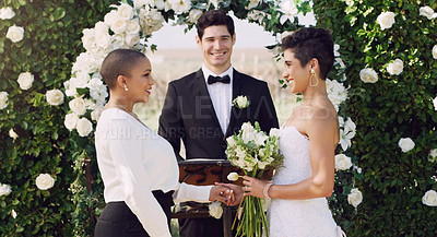 Buy stock photo Wedding, commitment and happy lesbian couple at altar with smile, love and minister for ceremony. Lgbt marriage, celebration and happy woman with bride, diversity and lgbtq pride, happiness for women