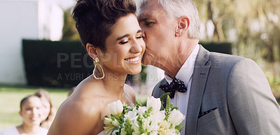 Buy stock photo Cropped shot of an affectionate mature father kissing his daughter on the cheek on her wedding day