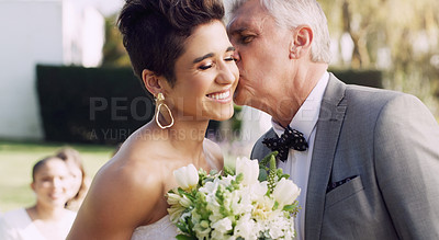 Buy stock photo Cropped shot of an affectionate mature father kissing his daughter on the cheek on her wedding day