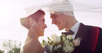 Buy stock photo Couple, marriage and wedding veil for love in outdoor, romance and commitment at ceremony. People, flowers and loyalty in relationship, partnership and trust in support or together for celebration