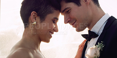 Buy stock photo Couple, forehead and wedding for unity in outdoor, marriage and commitment at ceremony. People, connection and loyalty in relationship, partnership and trust in support or together for celebration