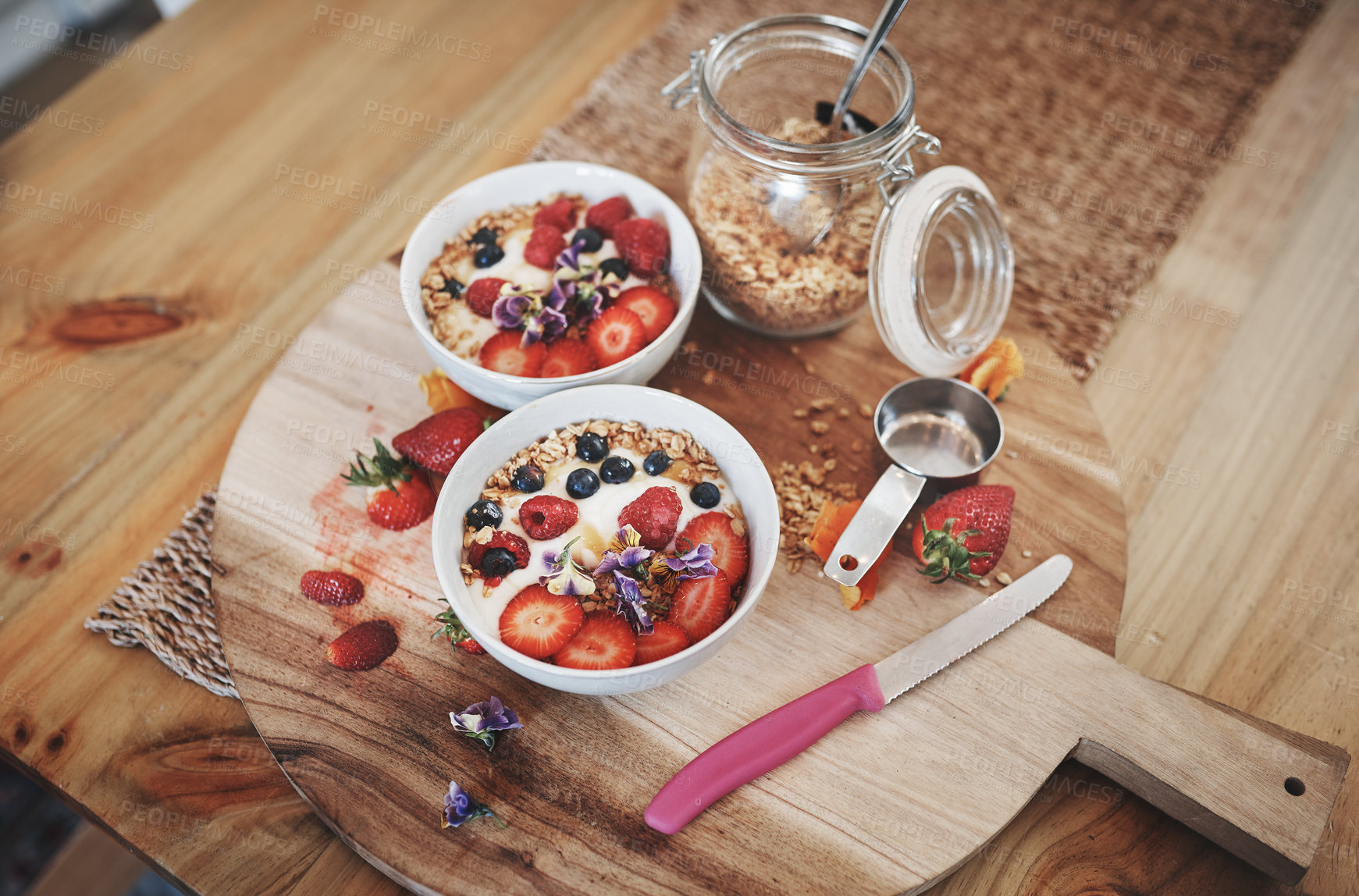 Buy stock photo Healthy breakfast, cereal and muesli diet above on table of fruit, wheat or oats for organic food or wellness at home. Bowls in brunch ready for dieting plan, nutrition or fibre meal on counter top